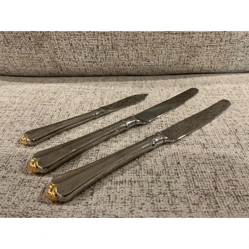 Vintage Silver Tone Knives with Gold Accent Base Set of 3 Dinner Butter Spreader